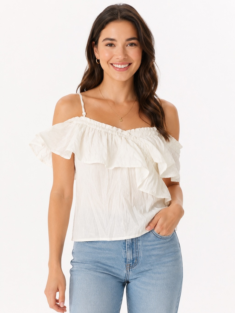 Sim & Sam Ruffle Off Shoulder Camisole Spaghetti Strap Tank Top Blouse Womens XS